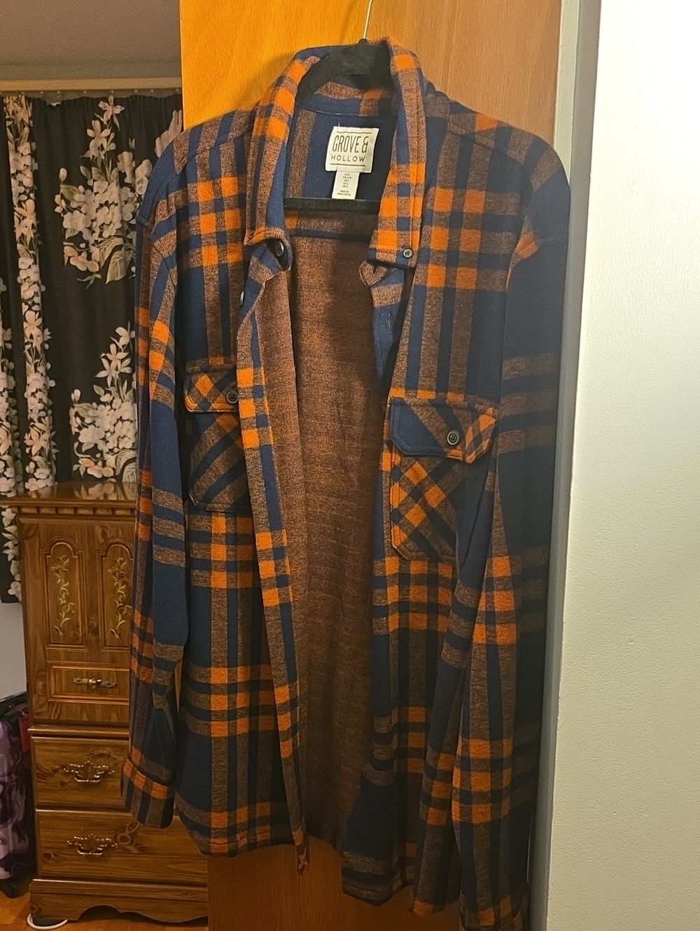 Men Navy & Orange Plaid Shacket Size Large